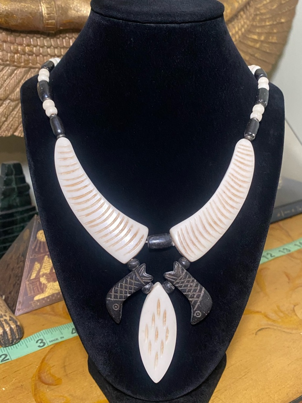 Vintage Handcrafted White and Black Tribal Statement Necklace